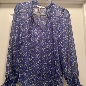 Loft blue floral tie neck blouse medium